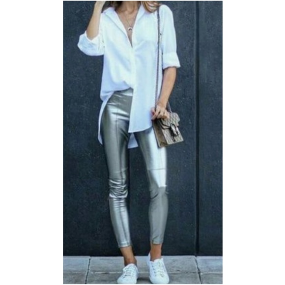 Silver Tummy Control High Waisted Vegan Leather Leggings - Picture 2 of 2